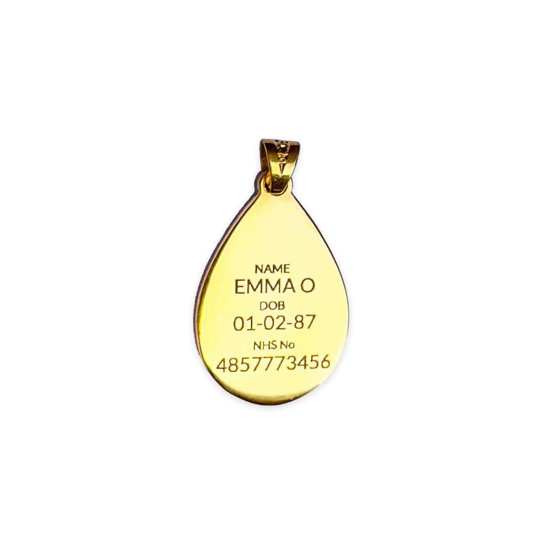 Gold medical ID pendant with engraved NHS number necklace, customisable with personal details – MediWear