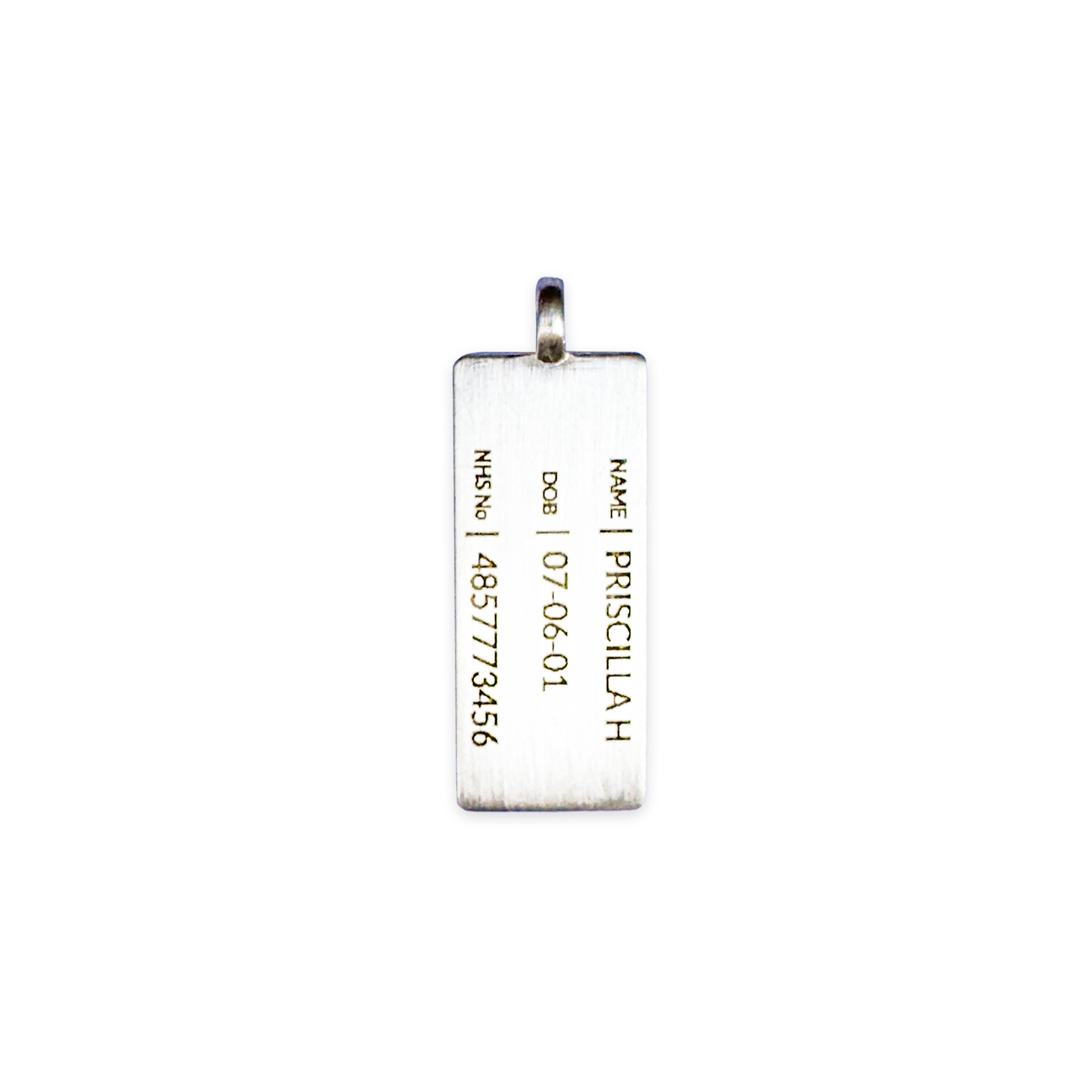 Everyday Medical ID pendant engraved with name, date of birth, and NHS number.