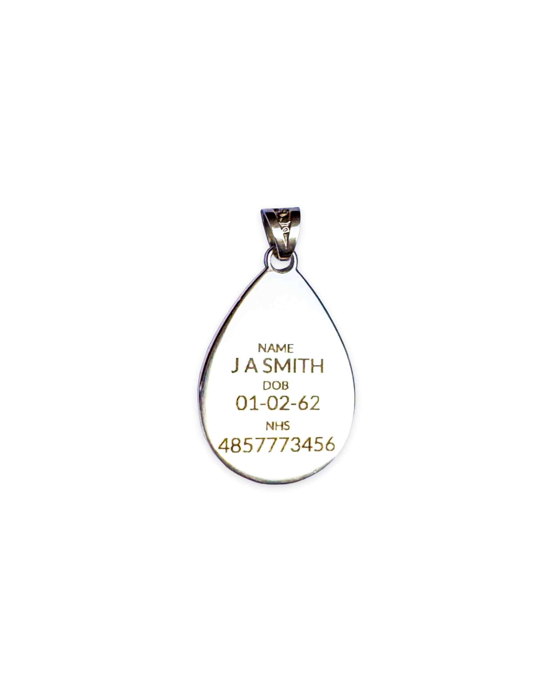 Signature Medical ID pendant engraved with name, date of birth, and NHS number.