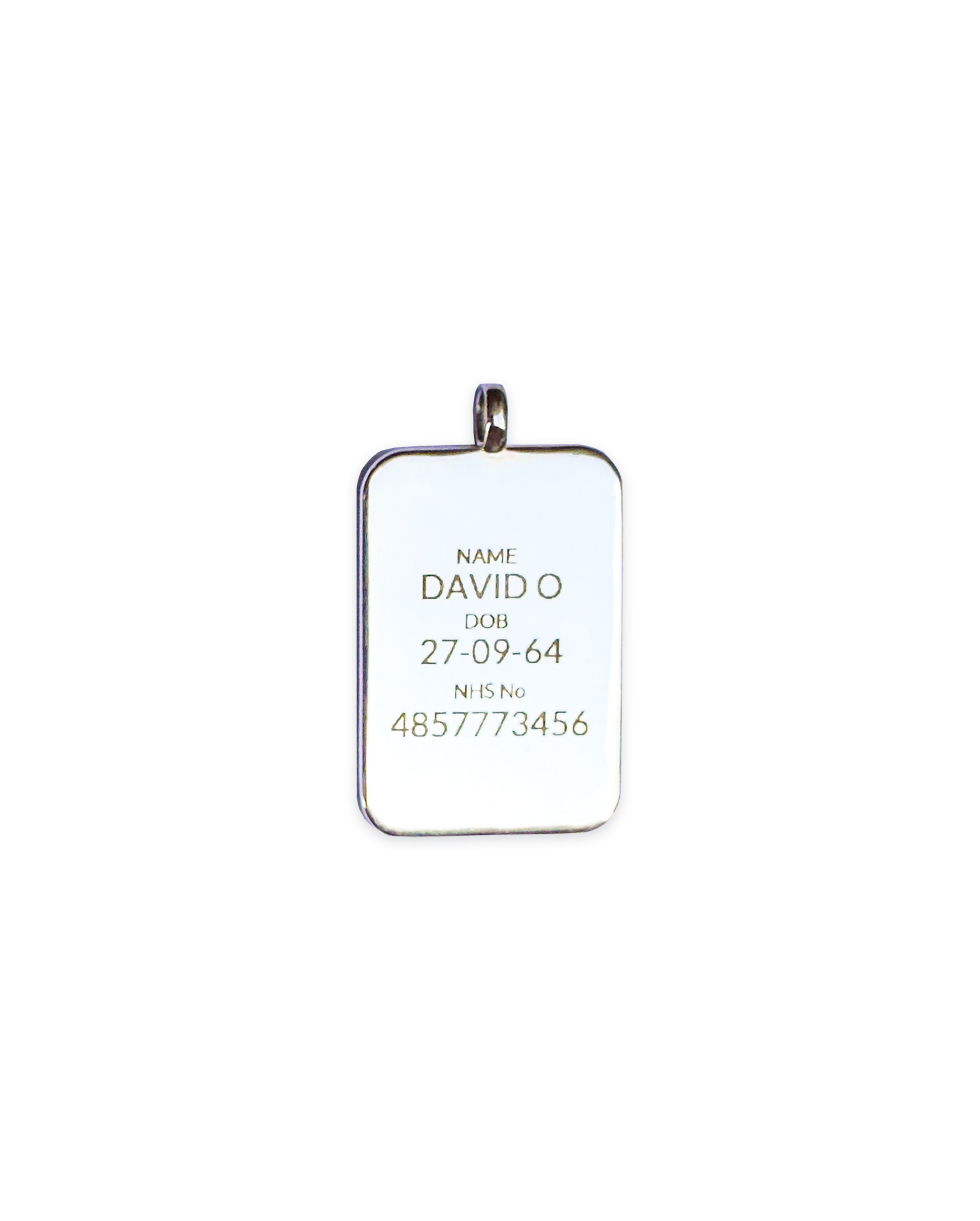 Classic Medical ID pendant engraved with name, date of birth, and NHS number.