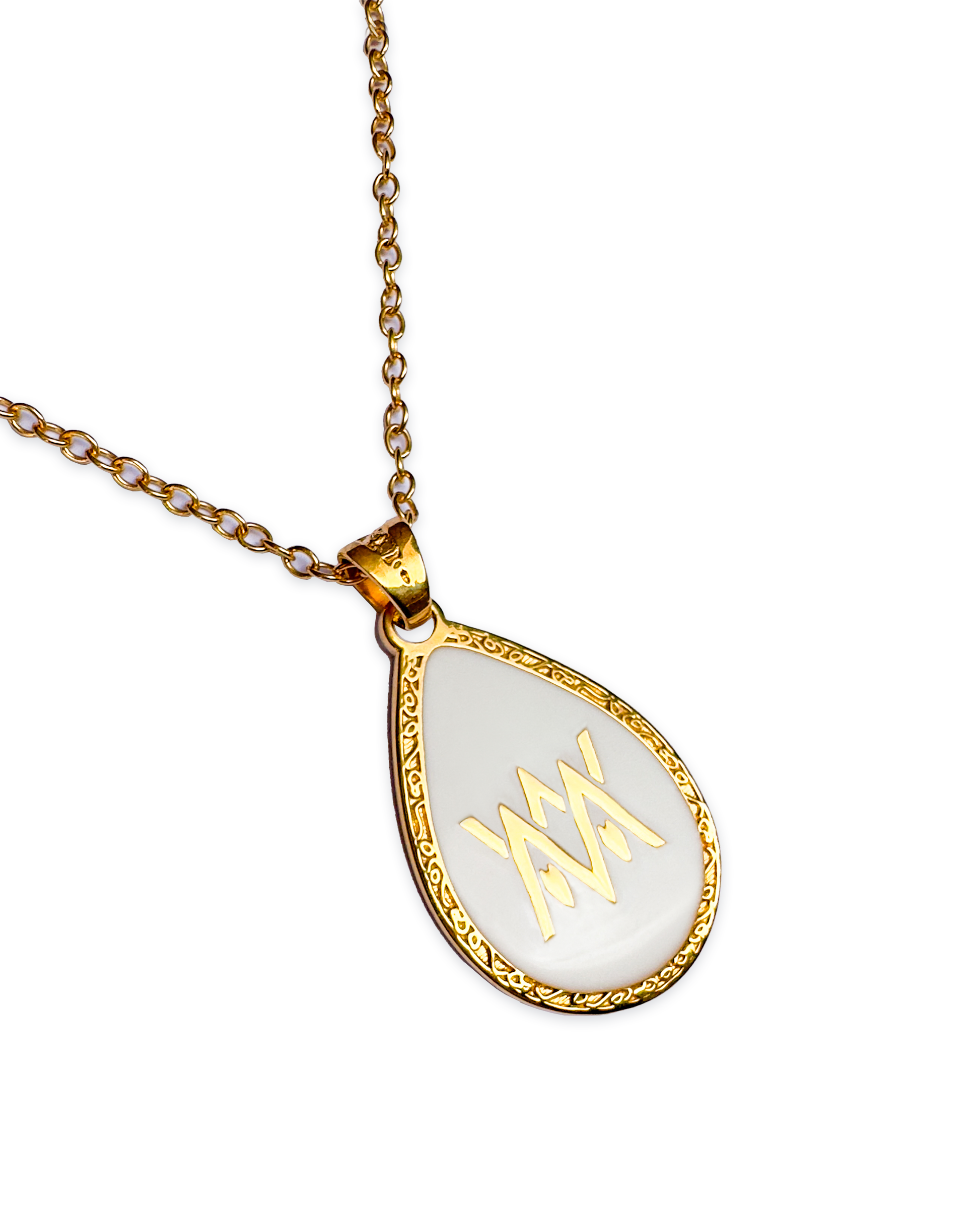 Gold medical ID necklace with teardrop pendant featuring discreet MediWear design – customisable for NHS number engraving.