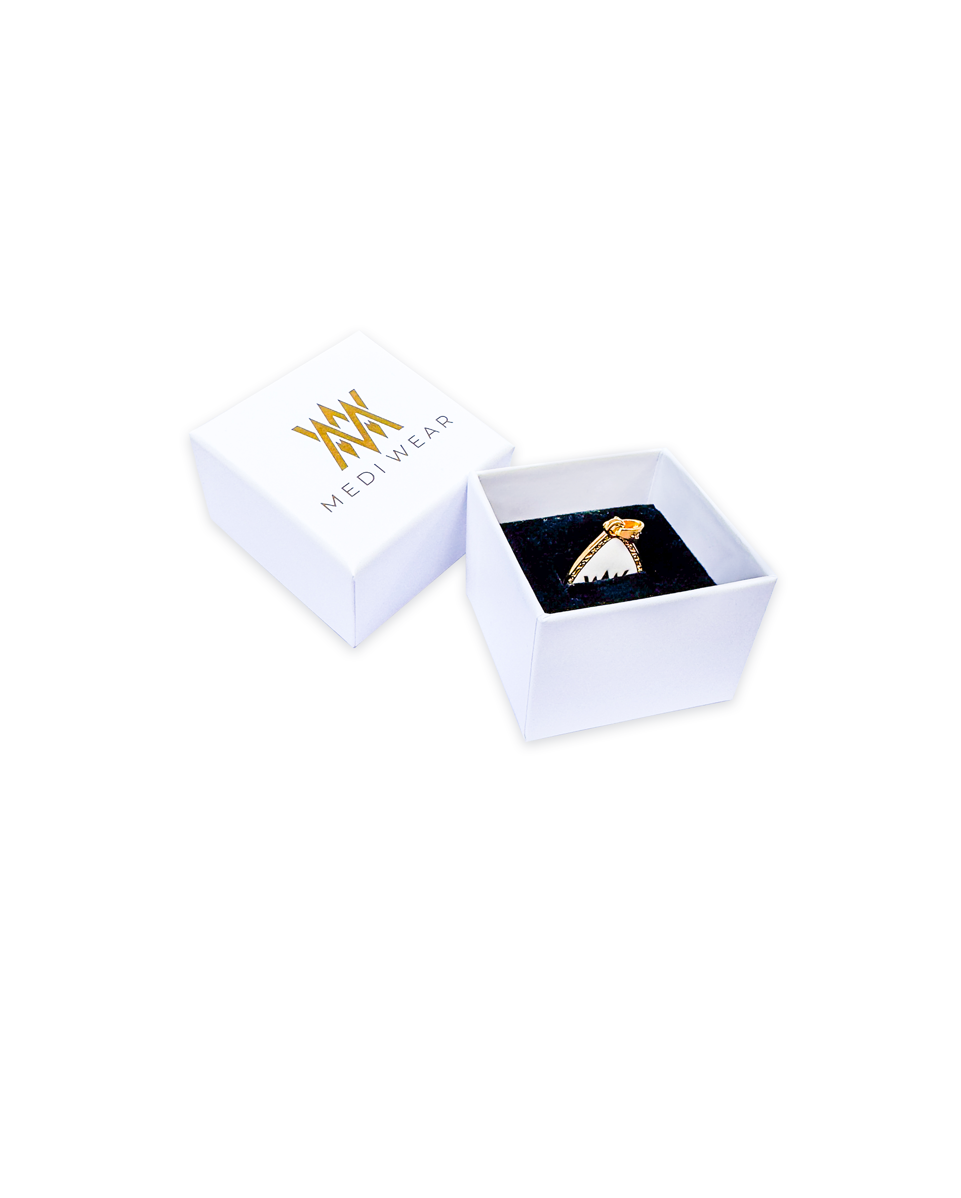 Engraved gold medical ID necklace presented in elegant MediWear packaging box.
