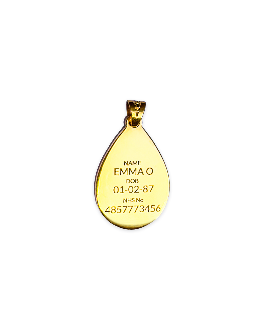 Gold medical ID pendant with engraved NHS number necklace, customisable with personal details – MediWear