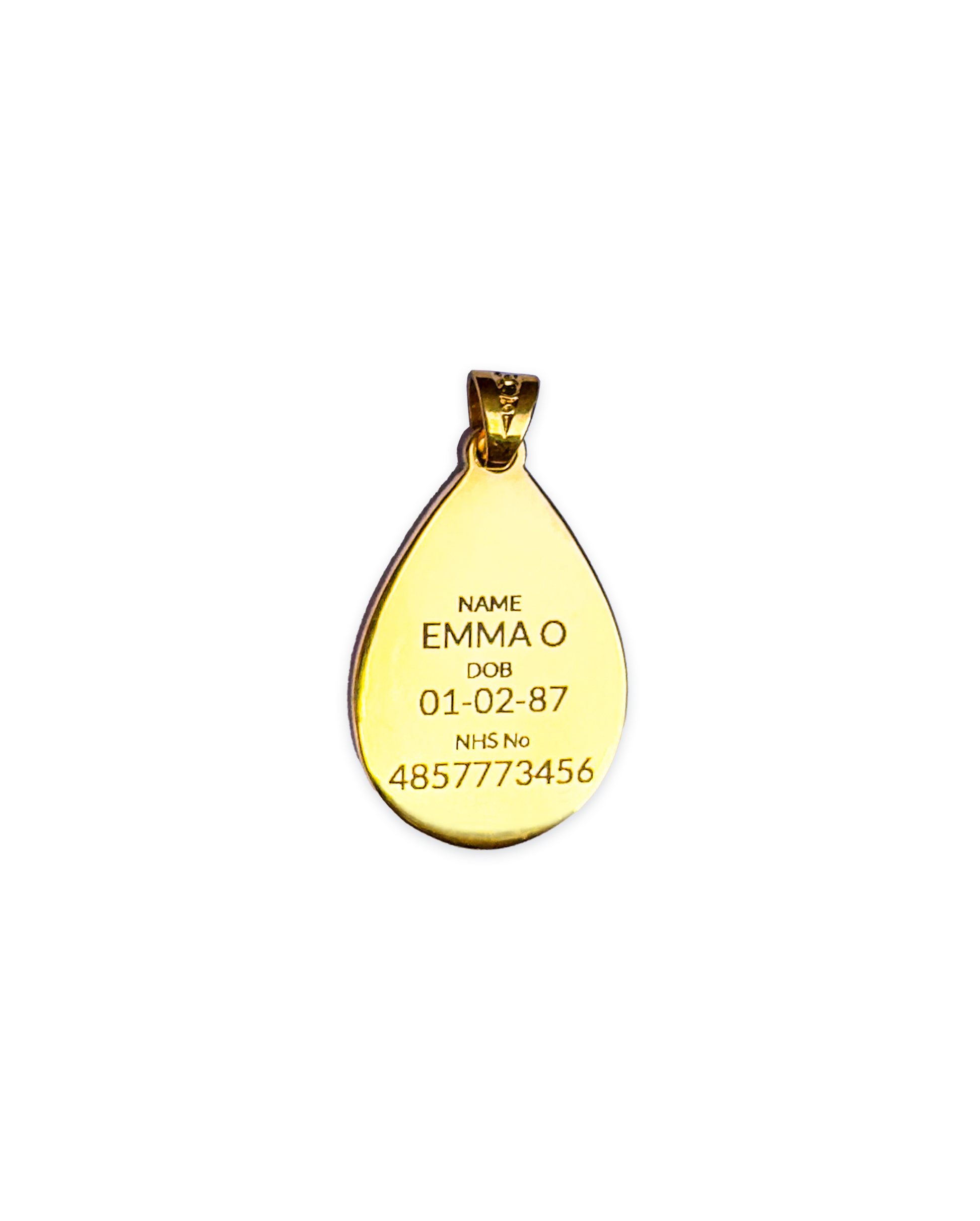 Gold medical ID pendant engraved with name, date of birth, and NHS number – customisable emergency necklace by MediWear